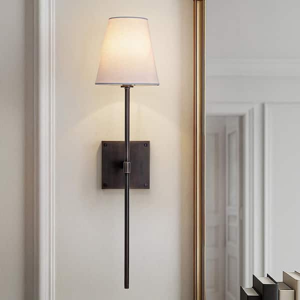 H25 in. Transitional Wall Sconce in Bronze w/ White Linen Shade Farmhouse Fabric Wall Light Fixture for Bathroom Bedroom