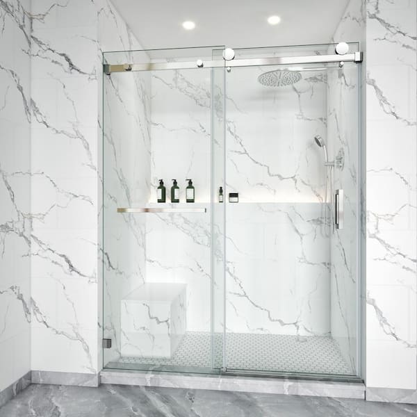 LASIHEM 68-72 in. W x 76 in. H Single Sliding Frameless Shower Door Chorme 3/8 in. Clear Glass with Towel Bar