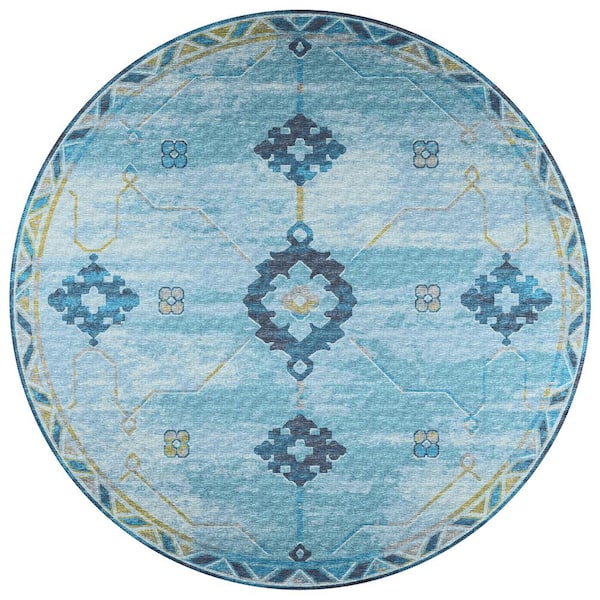 Addison Rugs Yuma Blue 8 ft. x 8 ft. Geometric Indoor/Outdoor Washable Area Rug