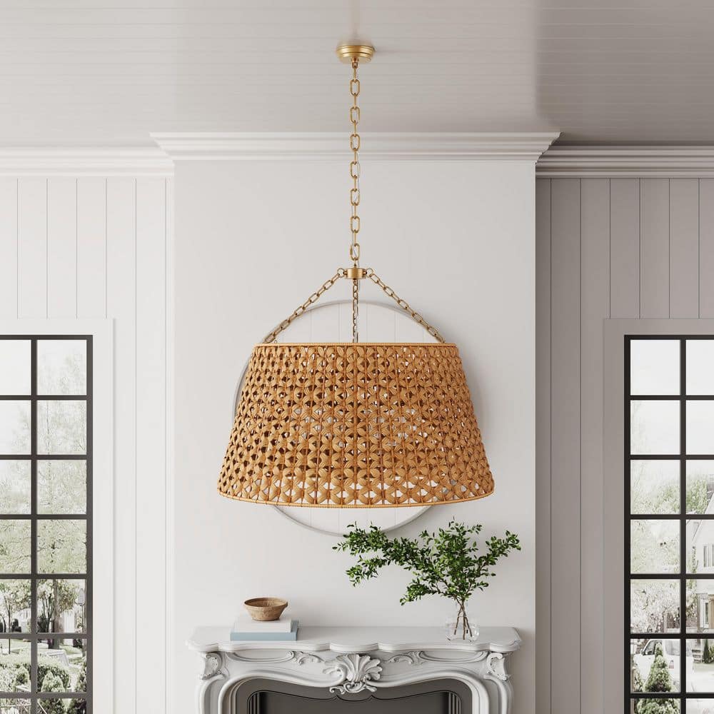 aiwen 29.92 in. 6-Light Gold Woven Oversized Chandelier Boho