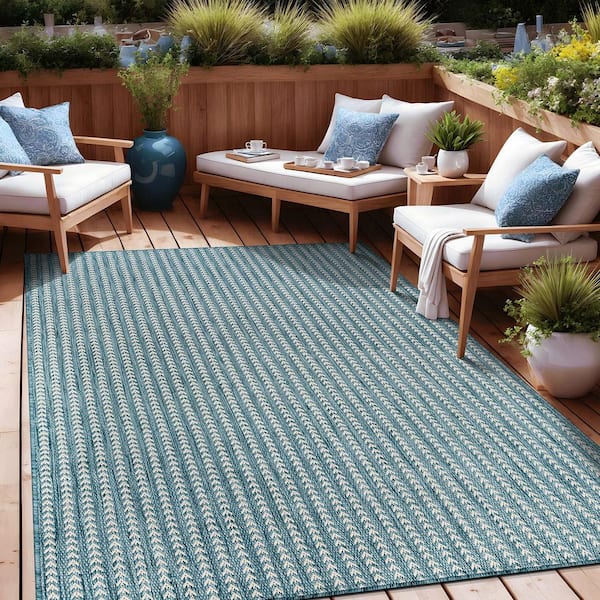 Arrow Aqua 10 ft. x 14 ft. Chevron Striped Washable Indoor Outdoor Area Rug