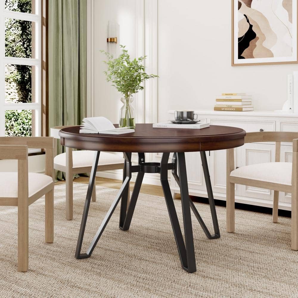 Brown Wood Round Dining Table with Metal Hairpin Legs
