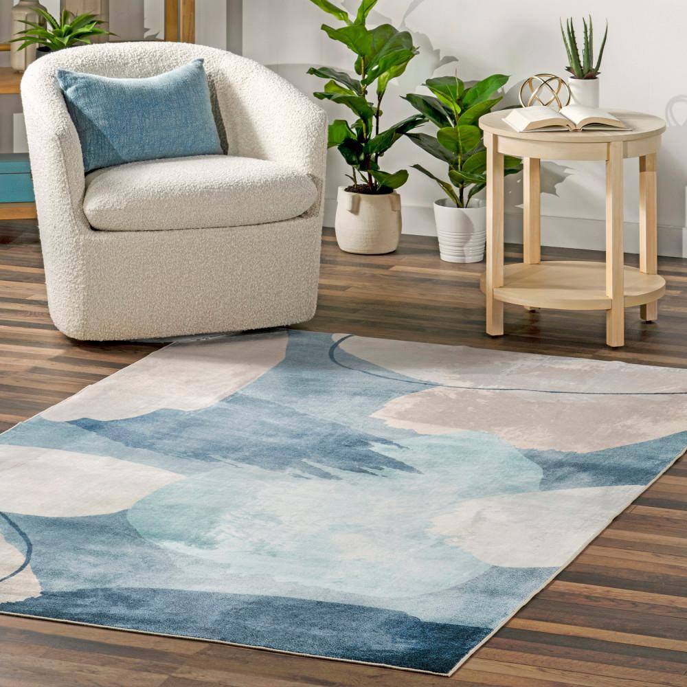 Blue Abstract Washable Non-slip Synthetic Area Rug, 3 x 5 ft