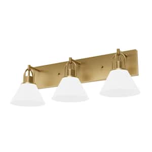 Carrington Isle 27.25 in. 3-Light Luxe Gold Vanity Light with Cased White Glass Shades