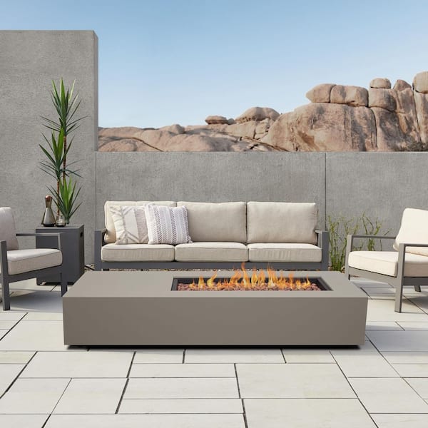 Aegean 75in Asymmetrical Rectangle Powder-Coated Steel Propane or Natural Gas Fire Pit Table in Mist Gray