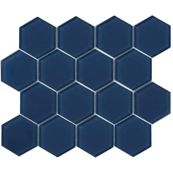 3 in. Beehive 10.25 in. x 11.75 in. Hexagon Deep Blue Gloss Glass Mesh-Mounted Mosaic Tile (9.13 sq. ft./Case)