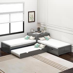 Gray Twin L-Shaped Platform Bed with Trundle and Built-in Desk