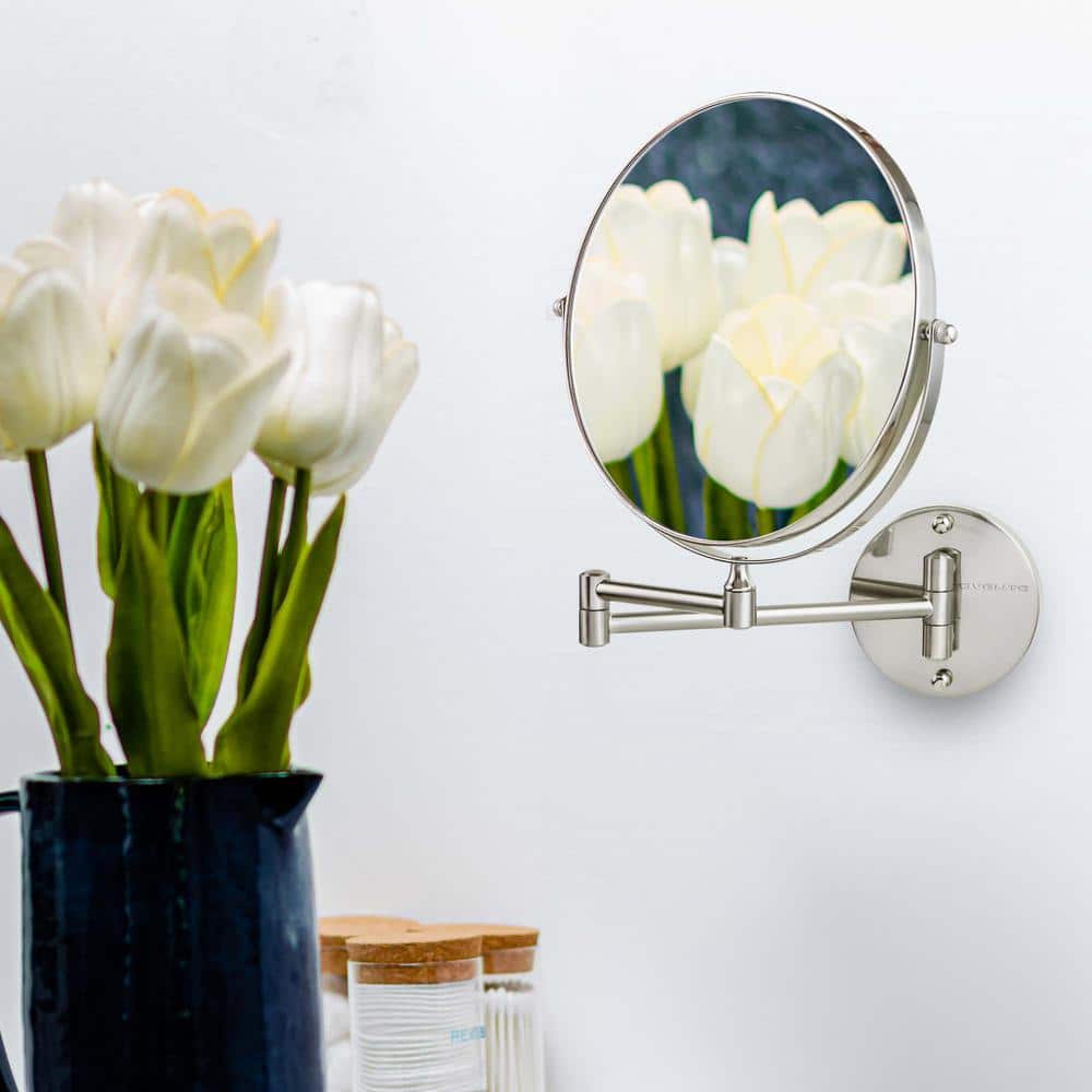 Nickel Brushed 9" Round Wall Mount Makeup Mirror with Extendable Arm
