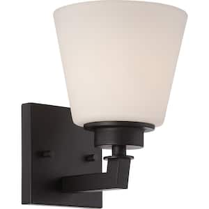 Mobili 5.88 in. 1-Light Aged Bronze Wall Sconce with Satin White Glass Shade