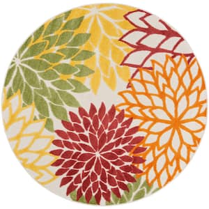 Aloha Red Multi Colored 5 ft. x 5 ft. Floral Contemporary Indoor/Outdoor Patio Round Area Rug
