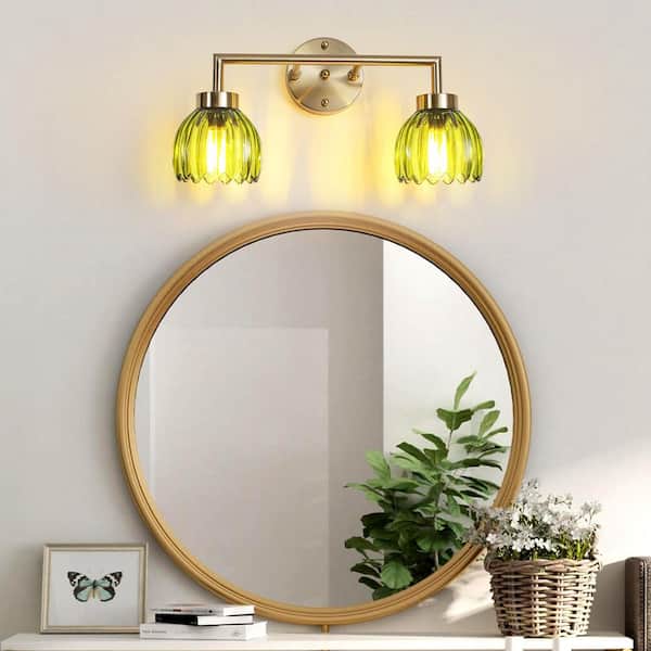 18.11 in. 2-Light Brass Wall Sconces Vanity Light with Tulip Green Glass Shade for Mirror Kitchen Living Room Hallway