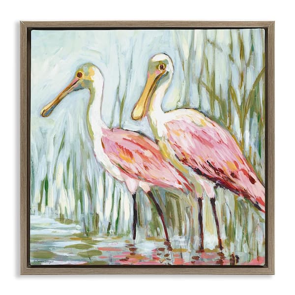 Spoonbill Birds Pair by Susan Winget 1 Piece Brown Floater Frame Animal Graphic Art Print 25 in. x 25 in.