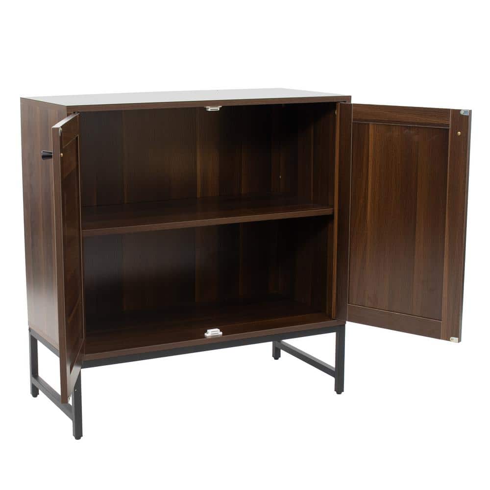 Dark Brown MDF and Rattan 2-Door Office Cabinet with Adjustable Shelving