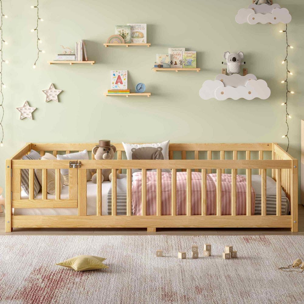Natural/Yellow Pine Wood Frame Twin Platform Bed with Safety Guardrails and Door