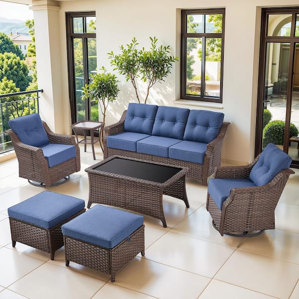 Circle Brown 7-Piece Wicker Patio Conversation Seating Set with Blue Cushions, Outdoor Sofa set with Coffee Table