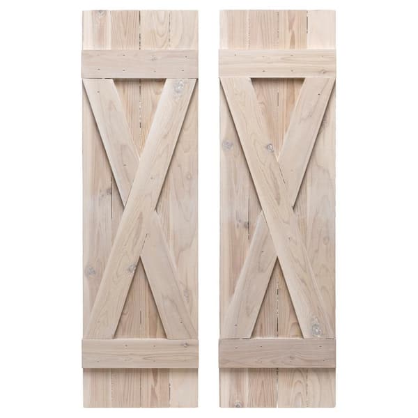 Dogberry Collections 14 in. x 42 in. X Wood Board and Batten Shutters Pair in Whitewash