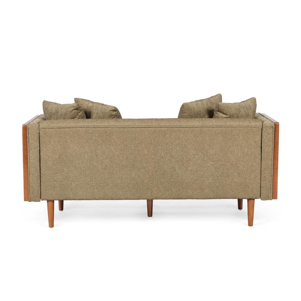 Dark Beige Fabric Tufted Loveseat with Walnut Frame and Accent Pillows