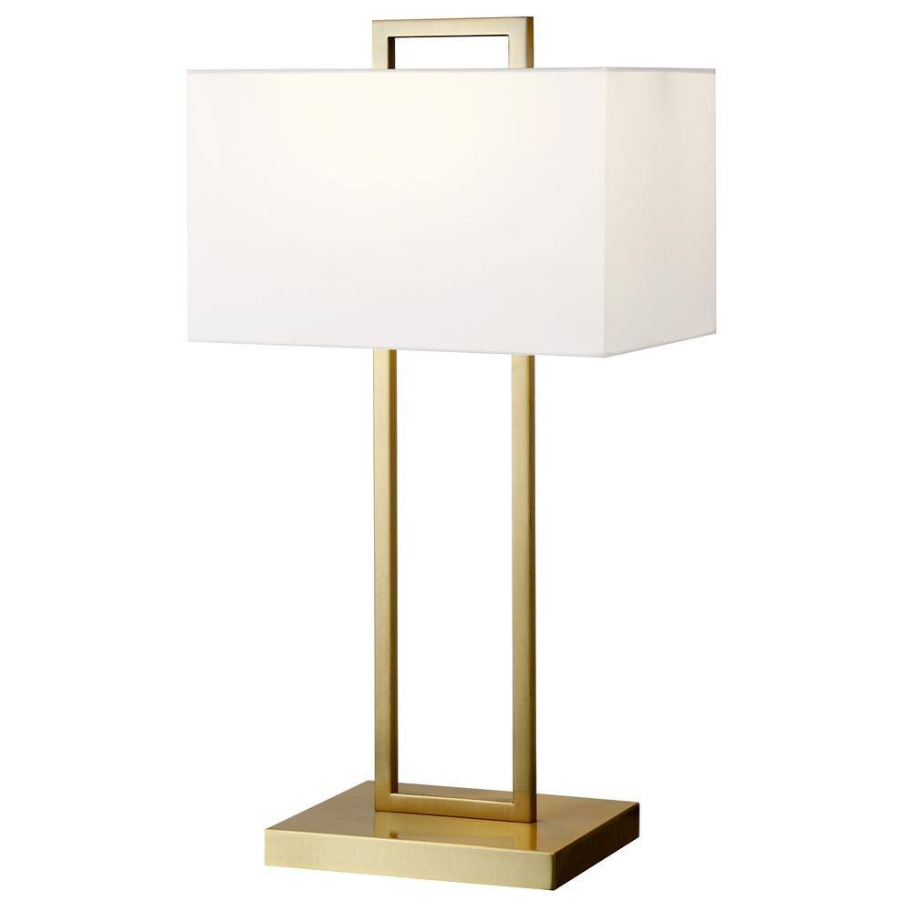 Brass and White Rectangular Nightstand Lamp with Oblong Shade