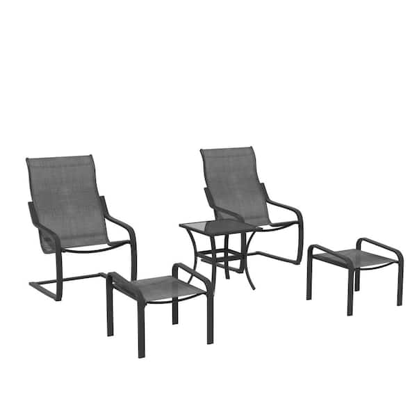 Mondawe Outdoor Black Frame 5-Piece Metal Patio Conversation Set with 2 Spring Textilene Chairs, 2 Footrests, 1 Side Table