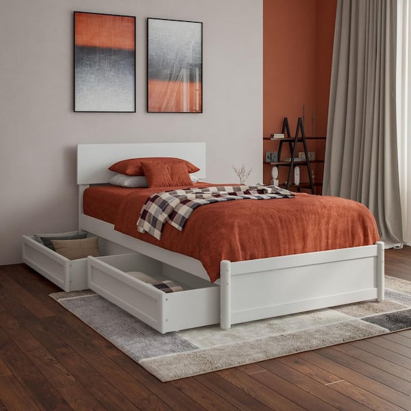 AFI Wesley White Solid Wood Frame Twin XL Platform Bed with Panel Footboard and Storage Drawers