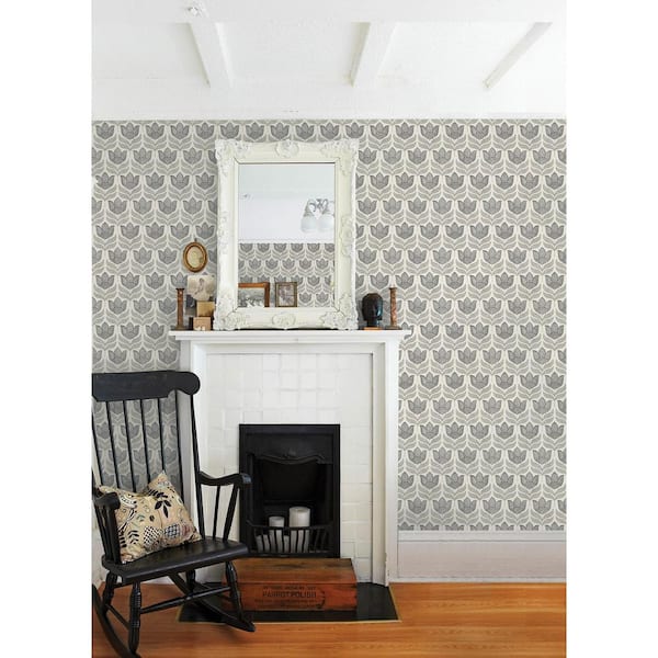 Cathal Tulip Block Print Grey Prepasted Non Woven Wallpaper