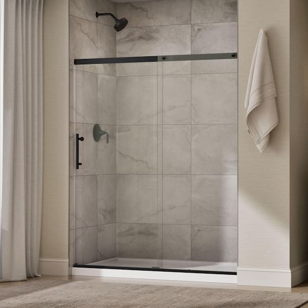 Setra 57-60 in. W x 71 in. H Frameless Sliding Shower Door in Matte Black with 1/4 in. Thick Clear Tempered Glass