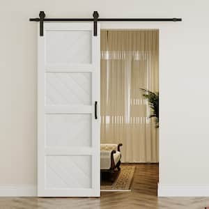30 in. x 84 in. White, MDF, 4-Panel Paneled Wood Wave, Water-Proof PVC Surface Sliding Barn Door with Hardware Kit