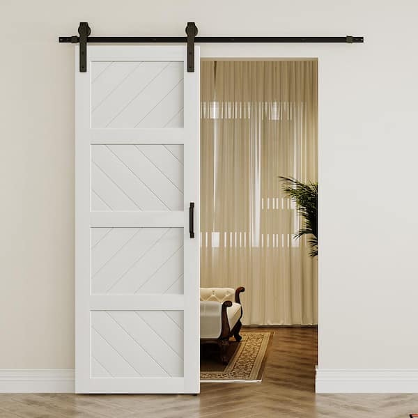 TENONER 30 in. x 84 in. White, MDF, 4-Panel Paneled Wood Wave, Water-Proof PVC Surface Sliding Barn Door with Hardware Kit