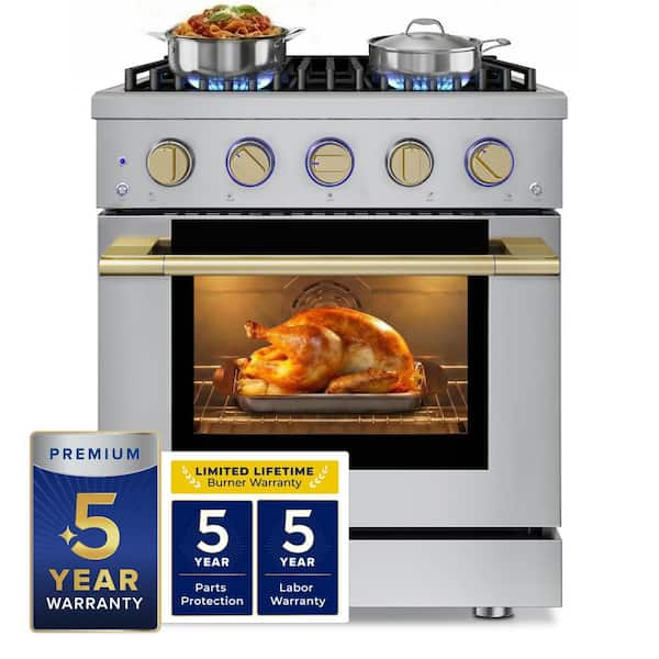 HausPro 30 in. 4-Burners Gas Range in Stainless Steel with 20,000 BTU and Convection Oven w/5-Rack Positions Satin Brass