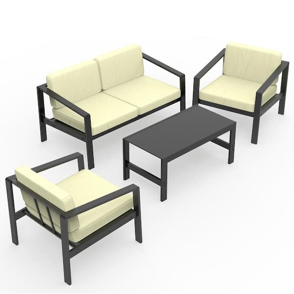 URTR 4 Piece Aluminium Patio Conversation Outdoor Furniture Set With Coffee Table and Sofa Poolside Sofa Set, Beige cushion