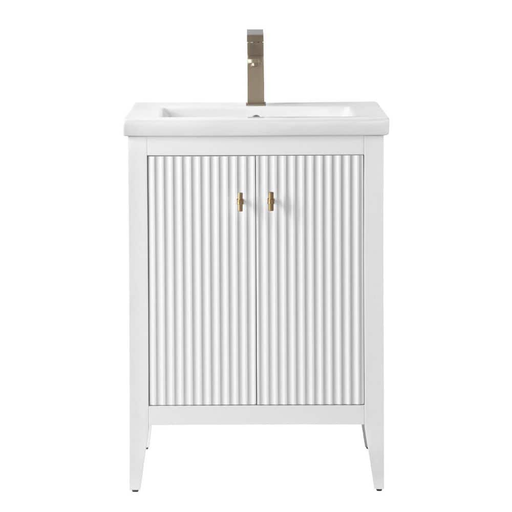 White and Gold Freestanding Single Bathroom Vanity with Ceramic Top