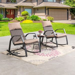 3-Piece Wicker Patio Rocking Chairs Set with Beige Cushions