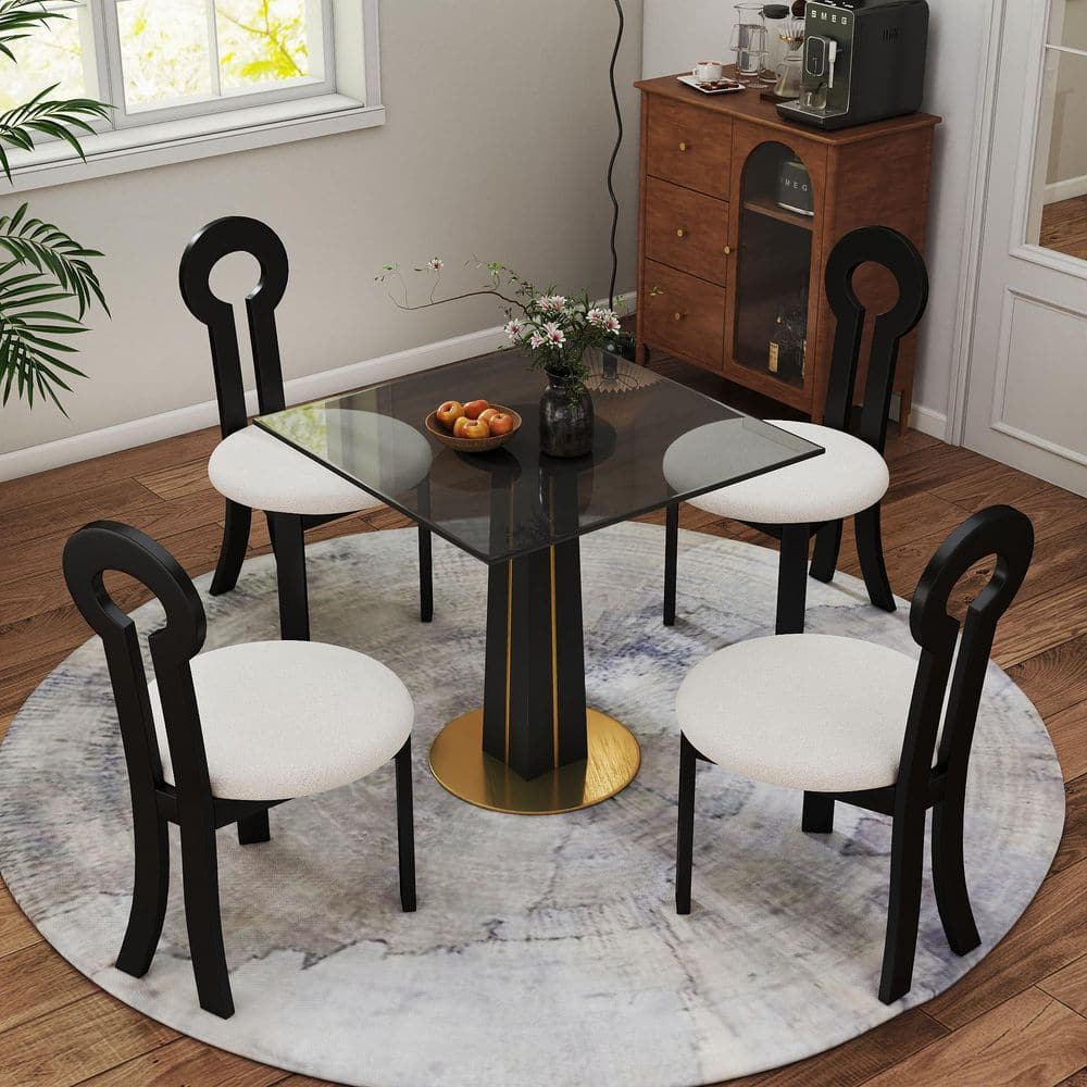 Gray Tempered Glass Top 33.46 in. Solid Wood Pedestal Base Square Conversation Dining Table with 2-Chairs (Seats 3)
