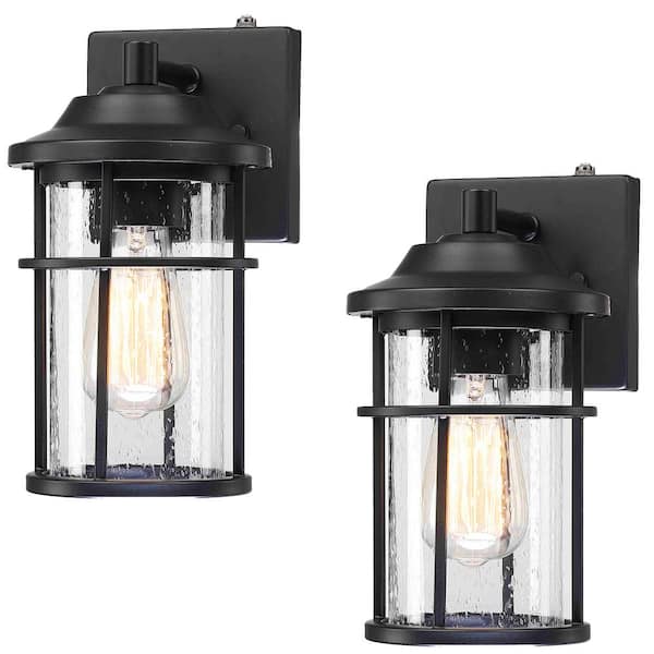 Uixe 11 in. Matte Black Hardwired Dusk to Dawn Outdoor Wall Lantern Sconce Sensor with Seeded Glass Shade (2-Pack)