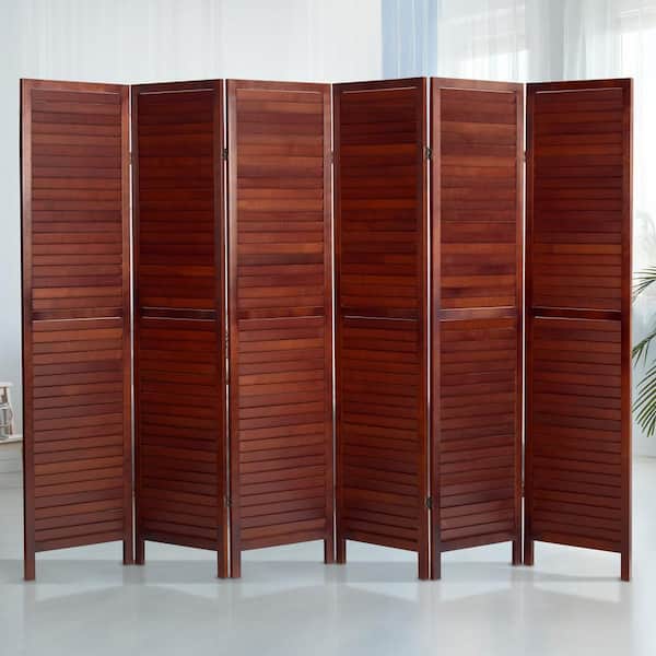 Oriental Furniture Walnut 6 ft. Tall Wooden Louvered 6-Panel Room Divider
