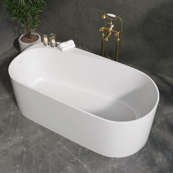 Getpro 63 in. x 31.5 in. Solid Surface Freestanding Soaking Bathtub Stone Resin Flat Bottom Tub With Overflow in Matte White