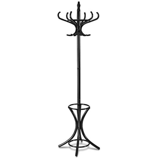 Black Freestanding Solid Wood Coat Rack Coatstands with 12-Hooks and Umbrella Holder for Entryway Bedroom Storage