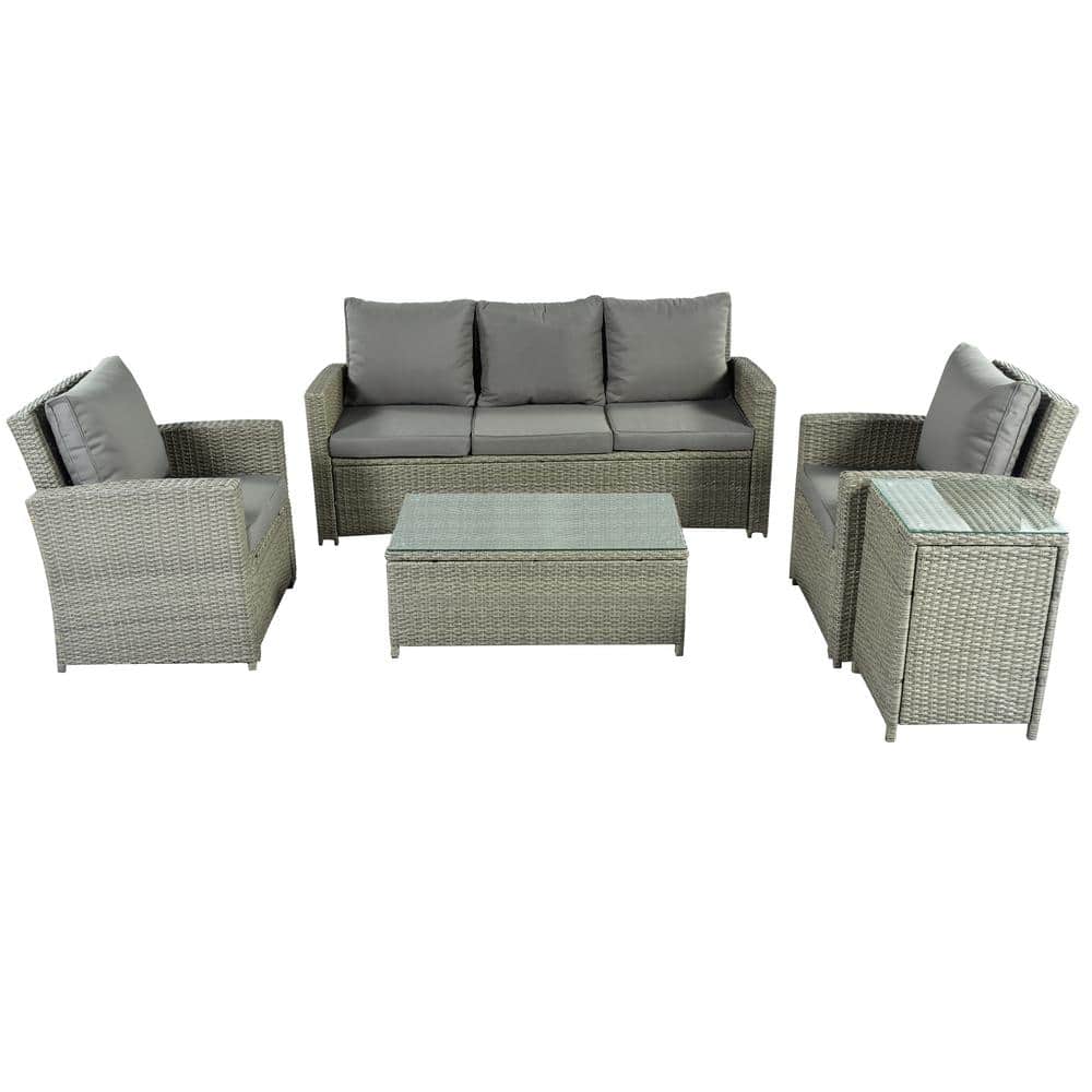 Grey 5-Piece Wicker Outdoor Sectional Set with Grey Cushions