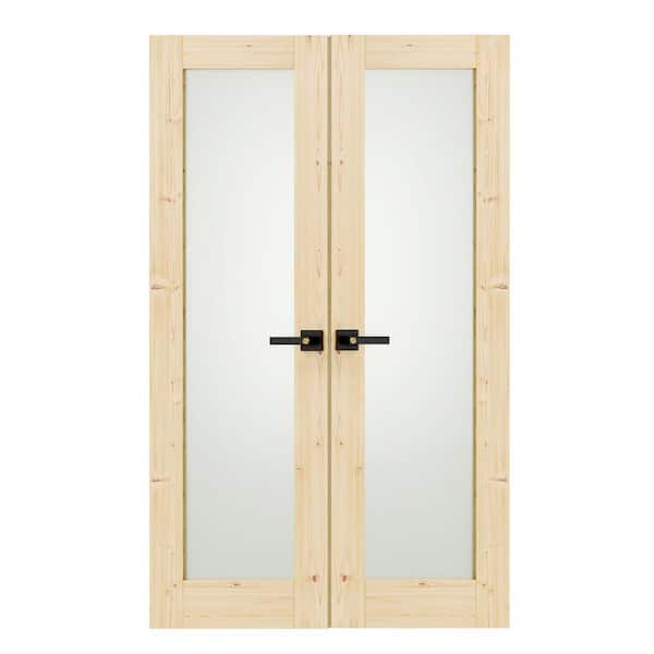 48 in. x 80 in. Solid Wood, Full Lite, Frosted Glass, Primed, Light Brown Interior Door Slab With Black Lever Handle