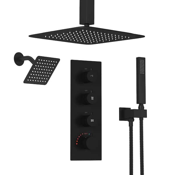 3-Spray 12 in. Ceiling Mount Rain Shower Faucet Dual Shower Head in Matte Black