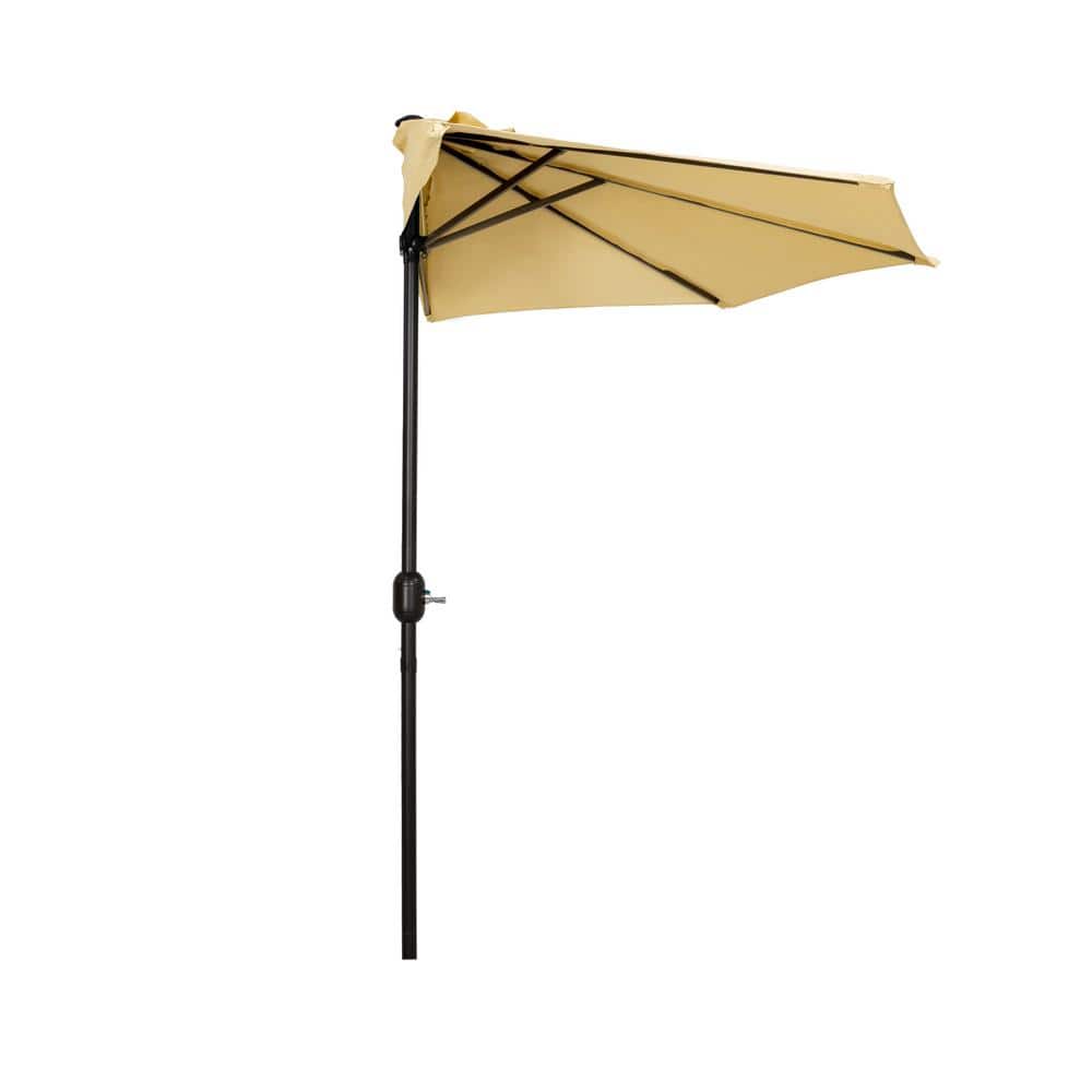 Beige 9-Foot Half-Round Steel Patio Umbrella with Crank Lift