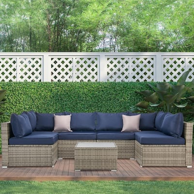 Khaki & Black Balcony Allewie Patio Furniture Set 7 Pieces Outdoor Furniture with Seat Cushions and Tempered Glass Coffee Table Wicker Patio Conversation Sets for Backyard Porch Poolside 