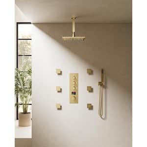 7-Spray Patterns with 2.5 GPM 12 in. Ceiling Mounted Massage Fixed Shower Head with LED in Brushed Gold