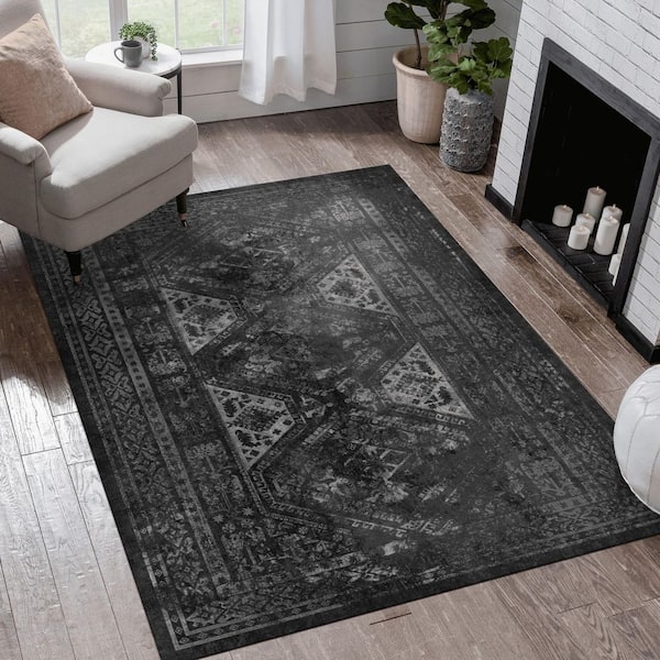 6 X 9 Black Gray Abstract Washable Area Rug for Bedroom, Hallway, Kitchen, Playroom