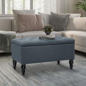 29 in. W x 17 in. D x 17 in. H Denim Blue Upholstered Flip Top Storage Bench with Turn Solid Wood Legs