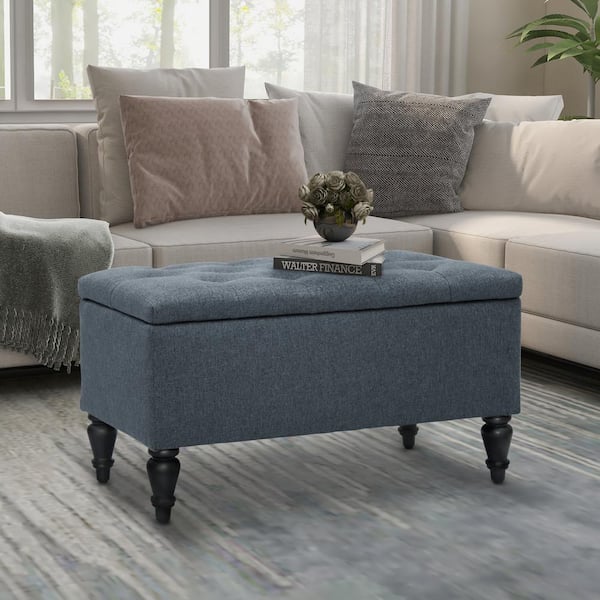 Maypex 29 in. W x 17 in. D x 17 in. H Denim Blue Upholstered Flip Top Storage Bench with Turn Solid Wood Legs