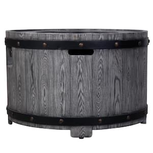 36 in. Outdoor Gray Faux Wood Round Gas Fire Pit Table with Weather Cover, Steel Lid, Lava Rocks