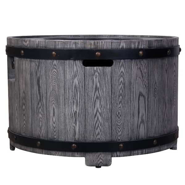 Unbranded 36 in. Outdoor Gray Faux Wood Round Gas Fire Pit Table with Weather Cover, Steel Lid, Lava Rocks