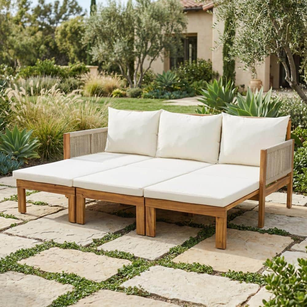 Brown Wood 3 Seat Outdoor Daybed Sleeper Sofa with Beige Cushions for Patio, Backyard price history on PriceWatchPro