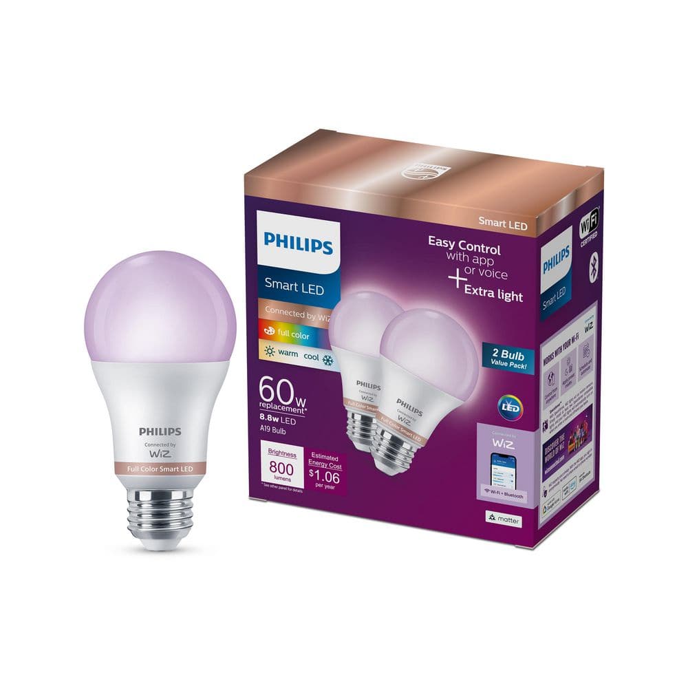 Color and Tunable White A19 LED 60-Watt Equivalent Dimmable Smart Wi-Fi Wiz Connected Wireless Light Bulb (2-Pack)